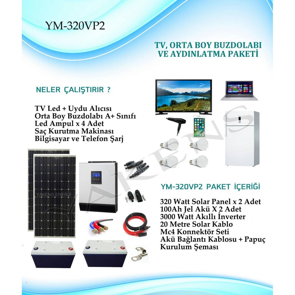 Orta Boy Buzdolabı + Tv + Aydınlatma Monokristal Hazır Solar Paket YM-320VP2 Paket 2